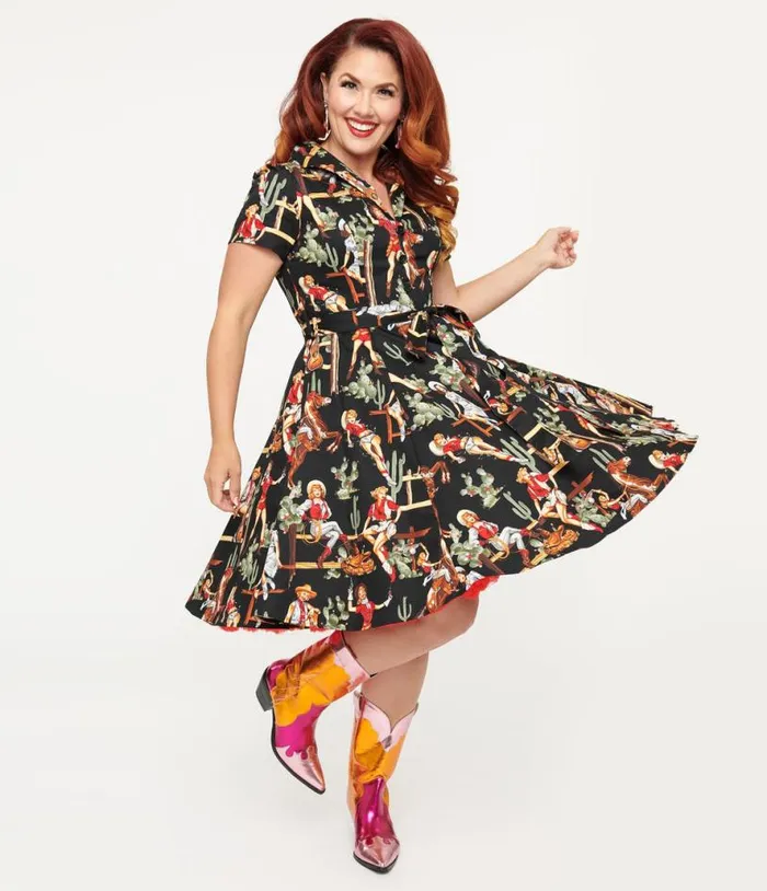 Black and Cowgirl Print Swing Shirt Dress DressesPlus Unique Vintage Swing
