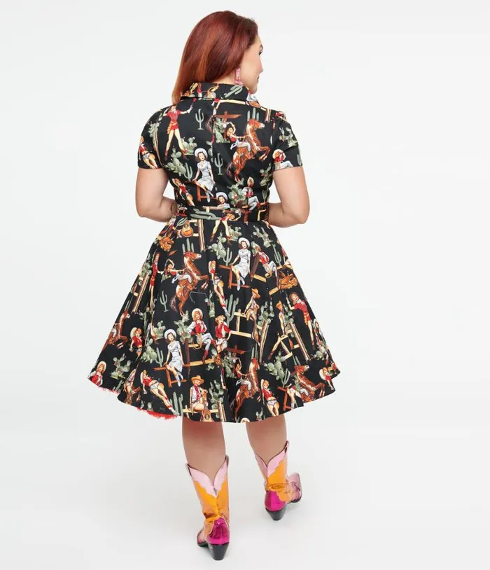 Black and Cowgirl Print Swing Shirt Dress DressesPlus Unique Vintage Swing