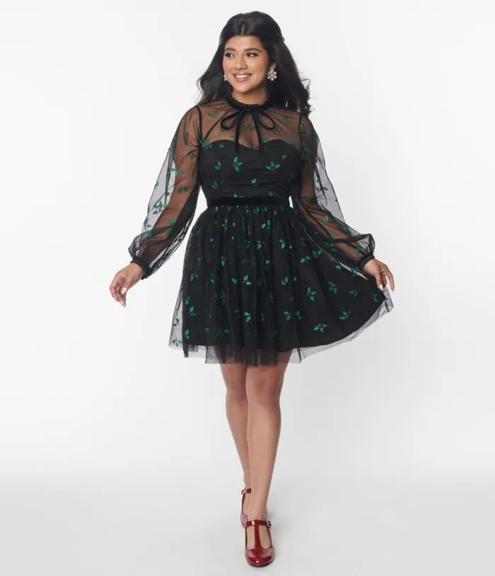 Black and Glitter Mistletoe Flare Dress DressesPlus Unique Vintage Fit and Flare Black and Glitter Mistletoe Flare Dress DressesPlus Unique Vintage Fit and Flare