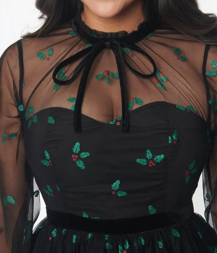 Black and Glitter Mistletoe Flare Dress DressesPlus Unique Vintage Fit and Flare