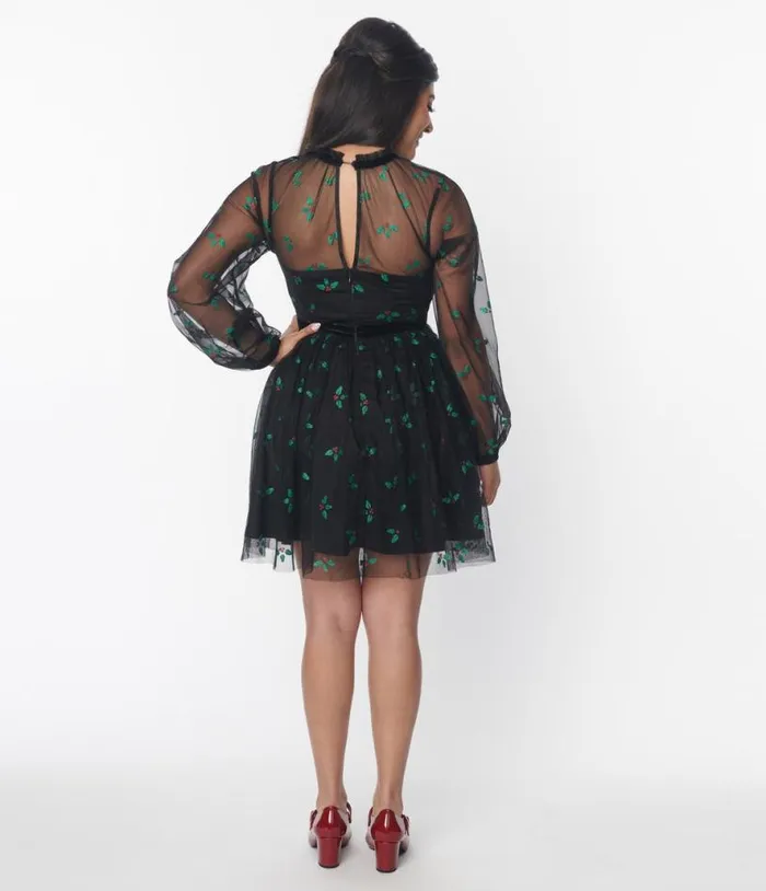 Black and Glitter Mistletoe Flare Dress DressesPlus Unique Vintage Fit and Flare