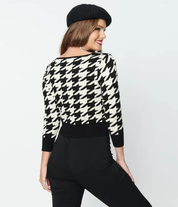 Black and Ivory Houndstooth Dandy Cardigan ClothingPlus Unique Vintage Sweaters and Cardigans
