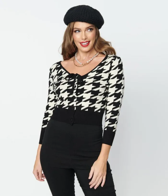 Black and Ivory Houndstooth Dandy Cardigan ClothingPlus Unique Vintage Sweaters and Cardigans