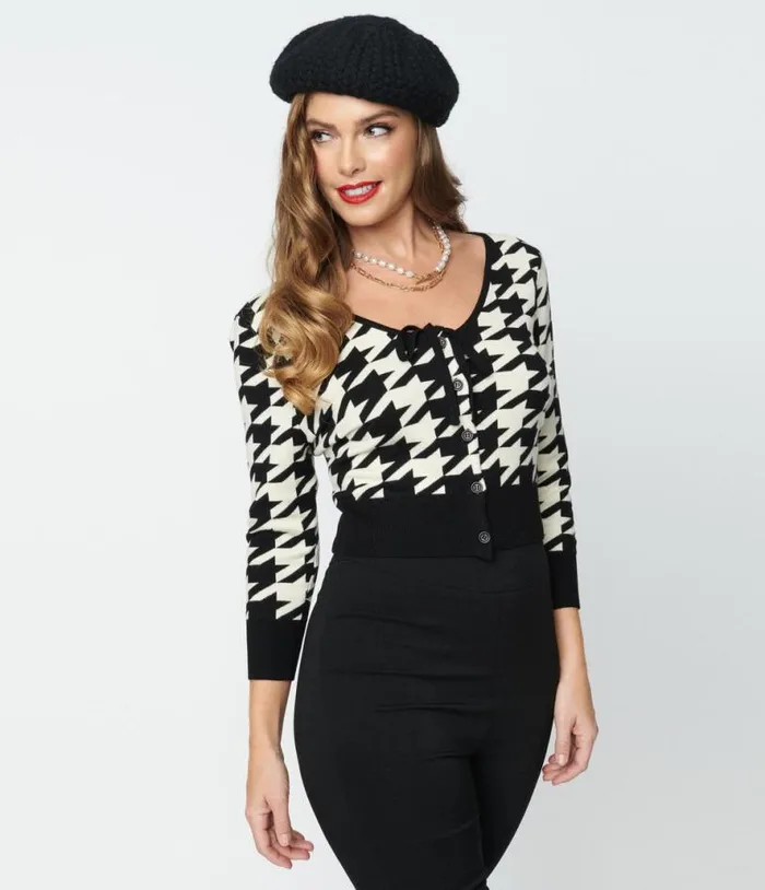 Black and Ivory Houndstooth Dandy Cardigan ClothingPlus Unique Vintage Sweaters and Cardigans