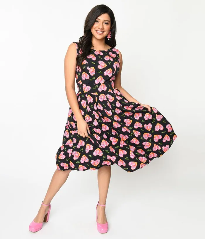 Black and Multicolor Floral Hearts Swing Dress DressesPlus Unique Vintage Pocket Dresses Black and Multicolor Floral Hearts Swing Dress DressesPlus Unique Vintage Pocket Dresses