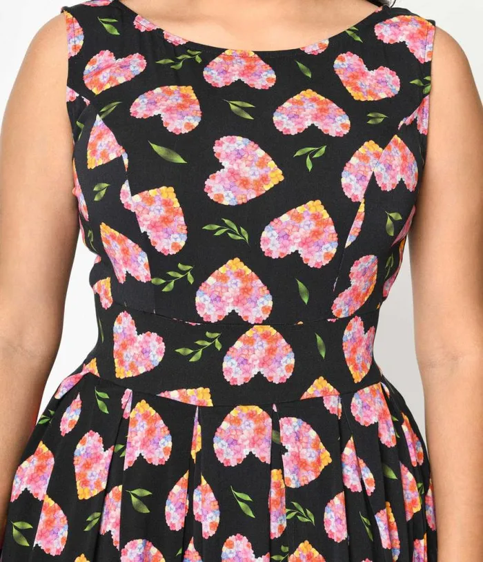 Black and Multicolor Floral Hearts Swing Dress DressesPlus Unique Vintage Pocket Dresses