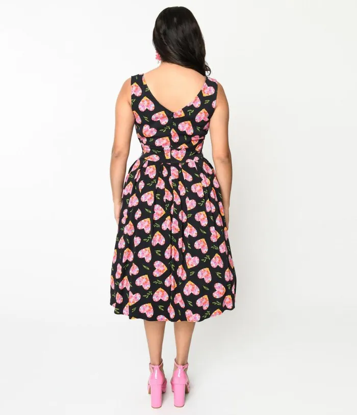 Black and Multicolor Floral Hearts Swing Dress DressesPlus Unique Vintage Pocket Dresses
