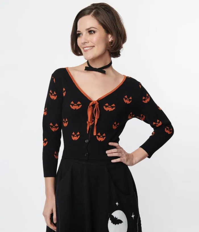 Black and Orange Pumpkin Crop Cardigan ClothingHalloween Unique Vintage Sweaters and Cardigans Black and Orange Pumpkin Crop Cardigan ClothingHalloween Unique Vintage Sweaters and Cardigans