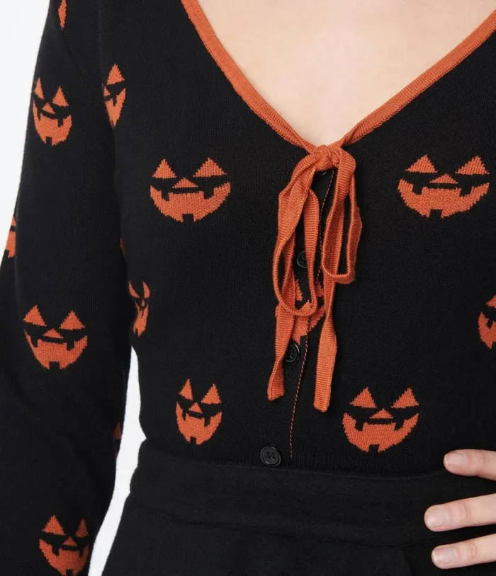 Black and Orange Pumpkin Crop Cardigan ClothingHalloween Unique Vintage Sweaters and Cardigans