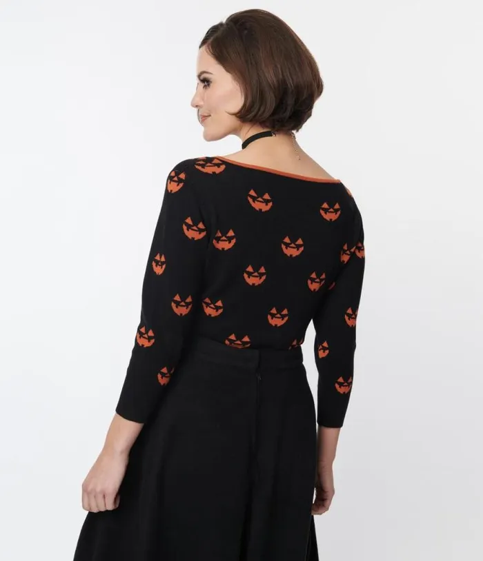 Black and Orange Pumpkin Crop Cardigan ClothingHalloween Unique Vintage Sweaters and Cardigans