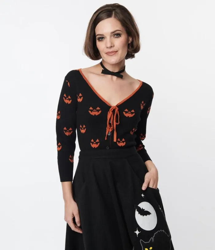Black and Orange Pumpkin Crop Cardigan ClothingHalloween Unique Vintage Sweaters and Cardigans