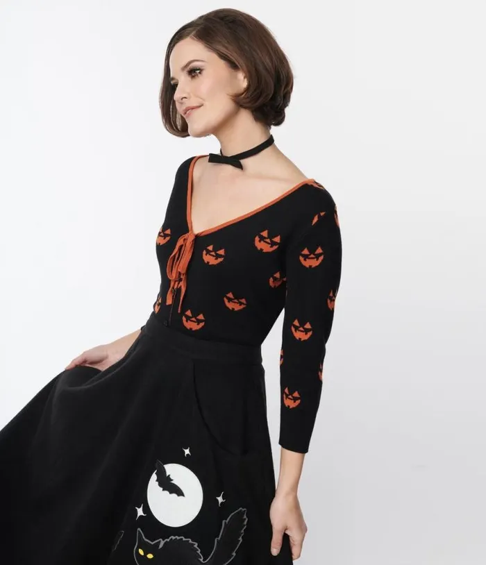 Black and Orange Pumpkin Crop Cardigan ClothingHalloween Unique Vintage Sweaters and Cardigans