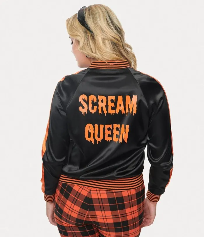 Black and Orange Scream Queen Satin Bomber Jacket ClothingHalloween Unique Vintage Coats and Jackets