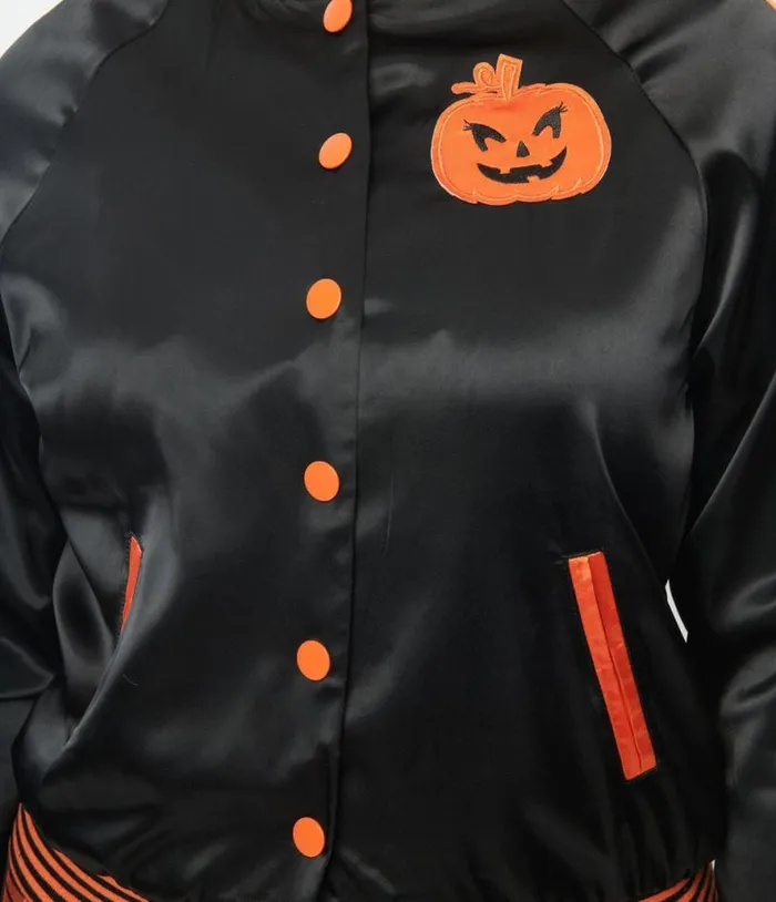 Black and Orange Scream Queen Satin Bomber Jacket ClothingHalloween Unique Vintage Coats and Jackets