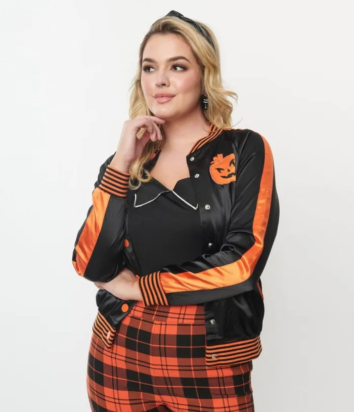 Black and Orange Scream Queen Satin Bomber Jacket ClothingHalloween Unique Vintage Coats and Jackets
