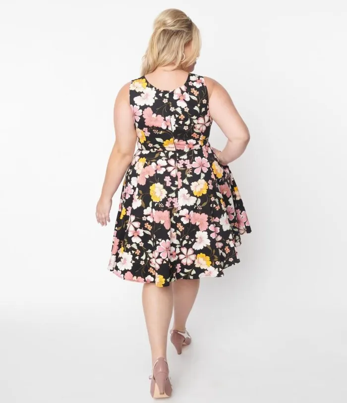 Black and Pink Cherry Blossom Swing Dress DressesPlus Unique Vintage Pocket Dresses