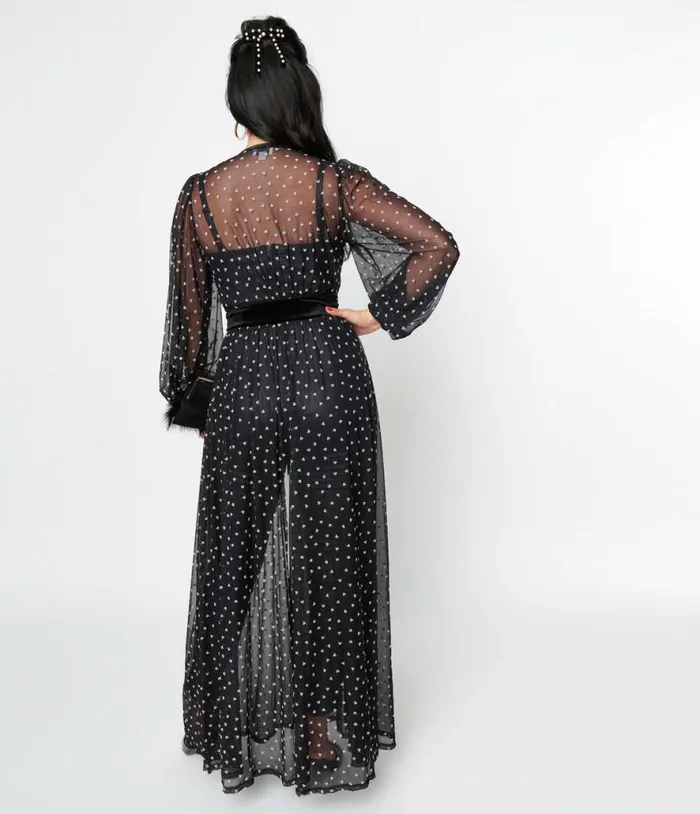 Black and Pink Hearts Mesh Hollywood Duster Dresses Unique Vintage Maxi