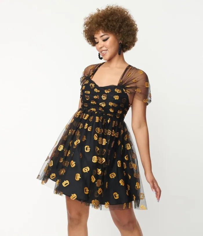 Black and Pumpkin Print Babydoll Dress DressesHalloweenPlus Unique Vintage Dresses Black and Pumpkin Print Babydoll Dress DressesHalloweenPlus Unique Vintage Dresses