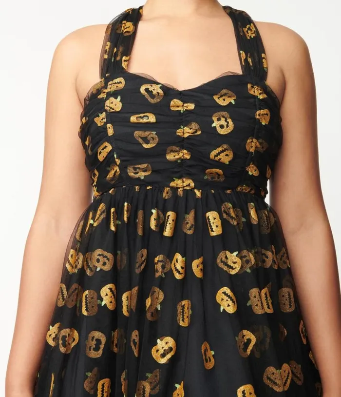 Black and Pumpkin Print Babydoll Dress DressesHalloweenPlus Unique Vintage Dresses