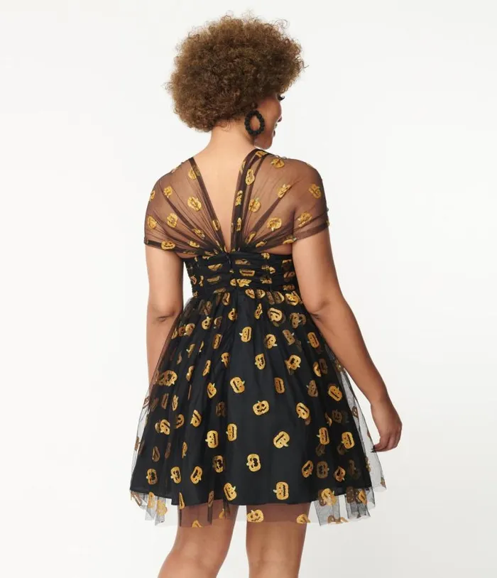Black and Pumpkin Print Babydoll Dress DressesHalloweenPlus Unique Vintage Dresses