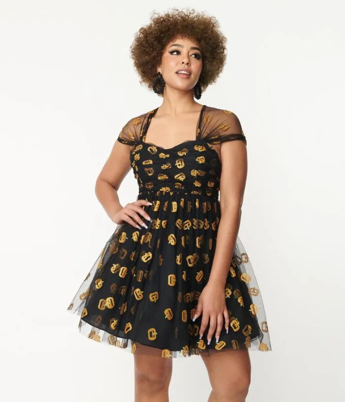 Black and Pumpkin Print Babydoll Dress DressesHalloweenPlus Unique Vintage Dresses