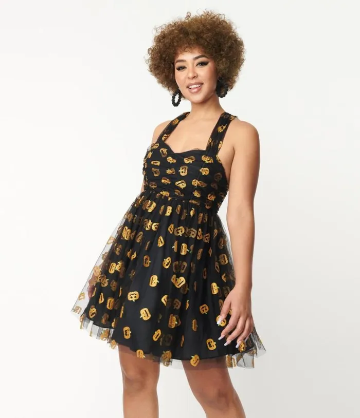 Black and Pumpkin Print Babydoll Dress DressesHalloweenPlus Unique Vintage Dresses