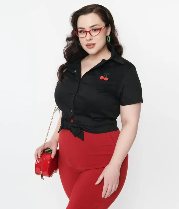 Black and Red Cherry Patch Crop Top Clothing Unique Vintage Blouses