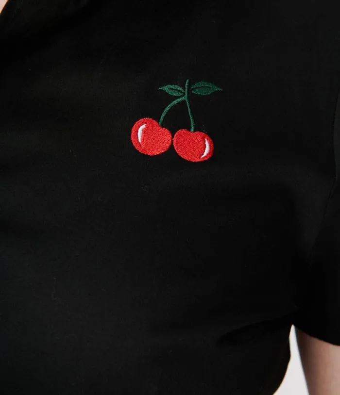 Black and Red Cherry Patch Crop Top Clothing Unique Vintage Blouses