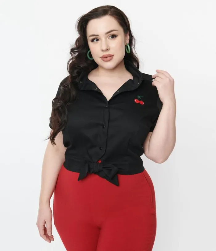Black and Red Cherry Patch Crop Top Clothing Unique Vintage Blouses