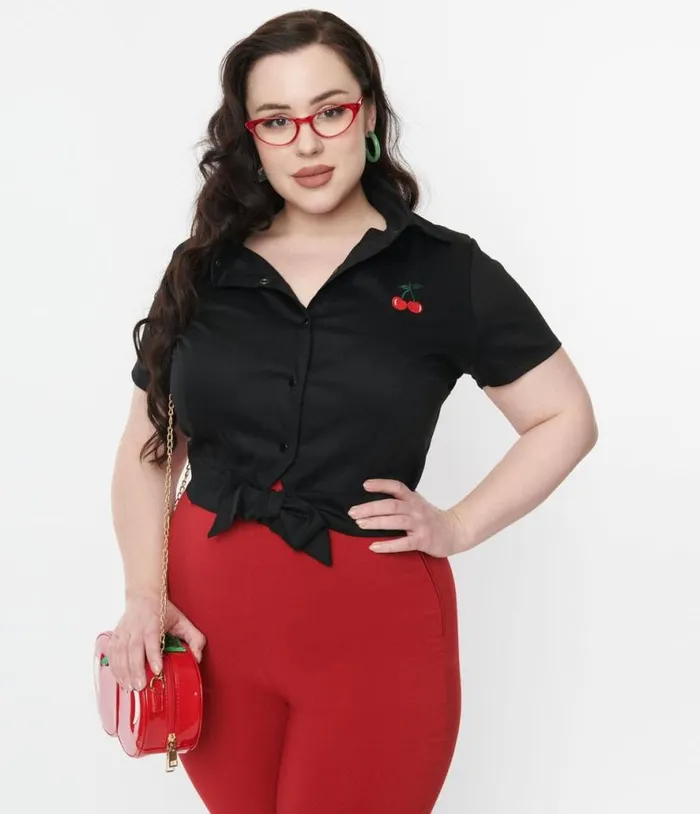 Black and Red Cherry Patch Crop Top Clothing Unique Vintage Blouses