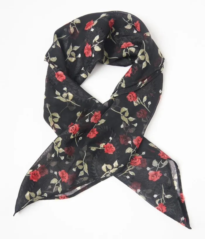 Black and Red Roses Hair Scarf Accessories Unique Vintage Gloves and Scarves Black and Red Roses Hair Scarf Accessories Unique Vintage Gloves and Scarves