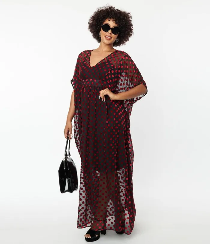 Black and Red Swiss Dot Burton Caftan Dress DressesPlus Unique Vintage Maxi