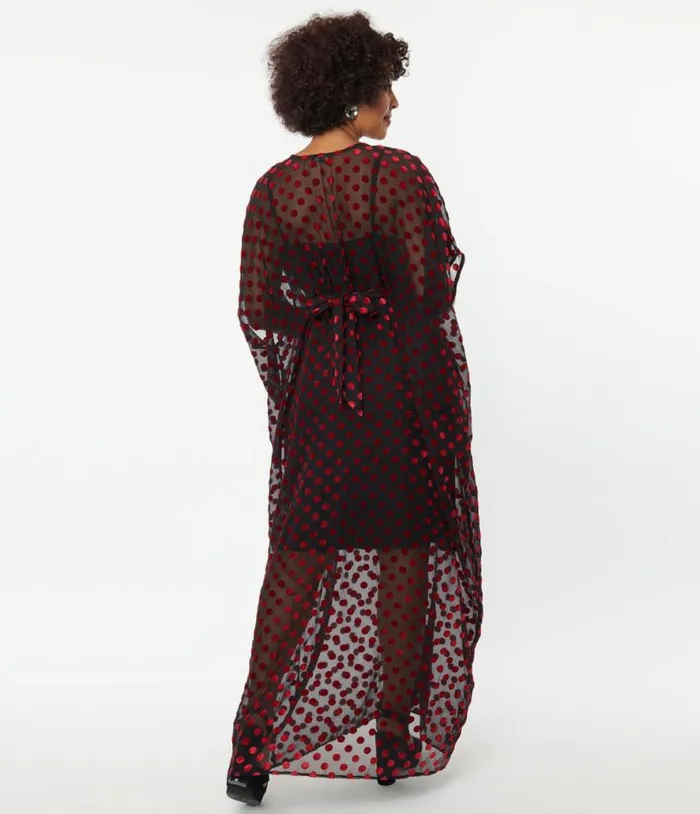 Black and Red Swiss Dot Burton Caftan Dress DressesPlus Unique Vintage Maxi