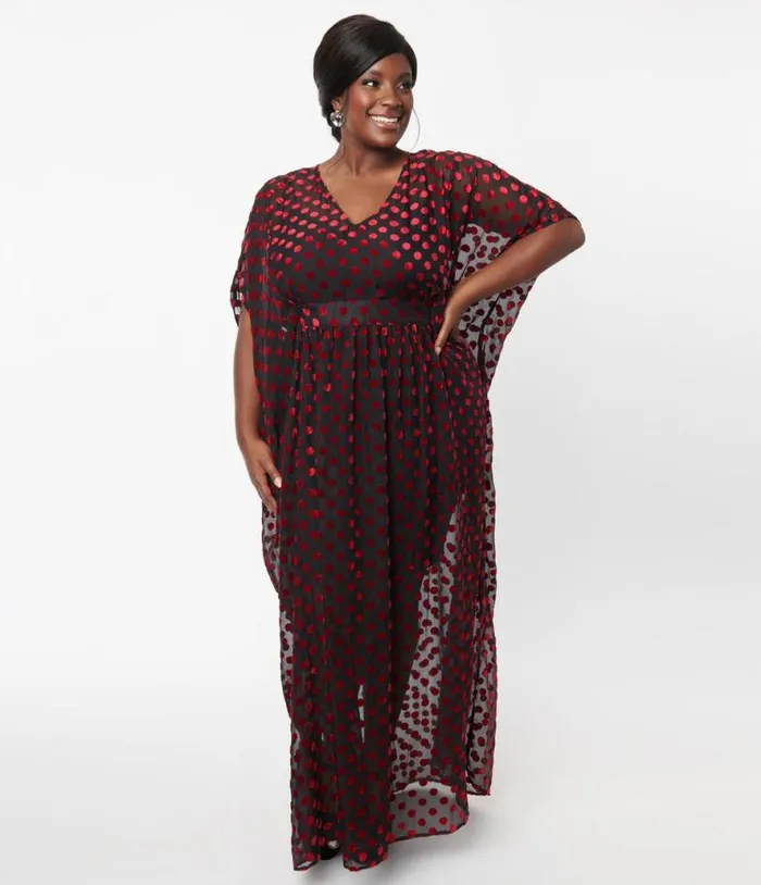 Black and Red Swiss Dot Burton Caftan Dress DressesPlus Unique Vintage Maxi