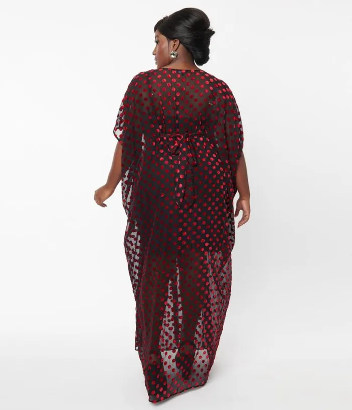 Black and Red Swiss Dot Burton Caftan Dress DressesPlus Unique Vintage Maxi
