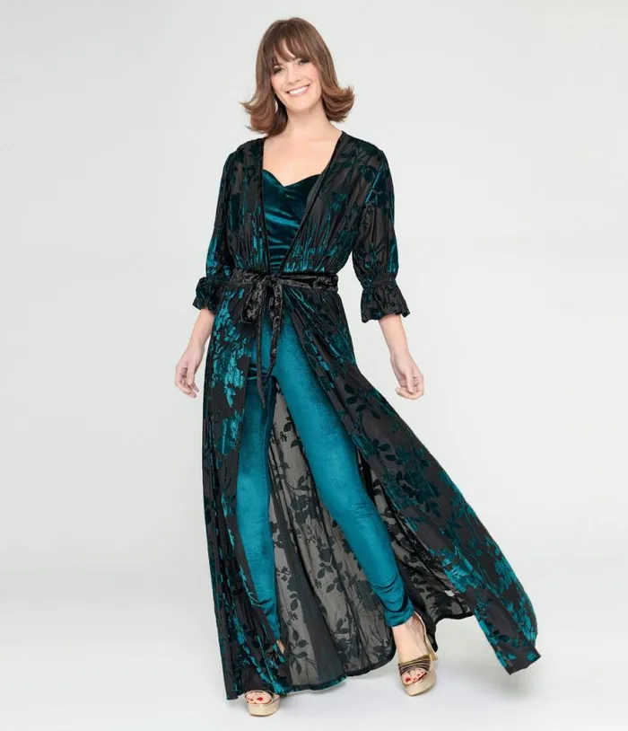 Black and Teal Floral Velvet Burnout Duster Dresses Unique Vintage Maxi
