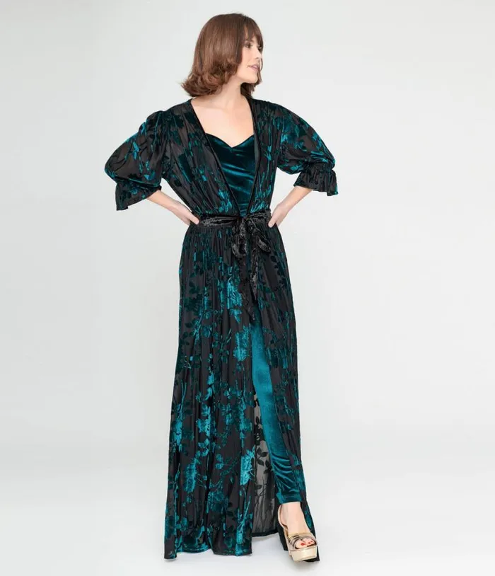 Black and Teal Floral Velvet Burnout Duster Dresses Unique Vintage Maxi