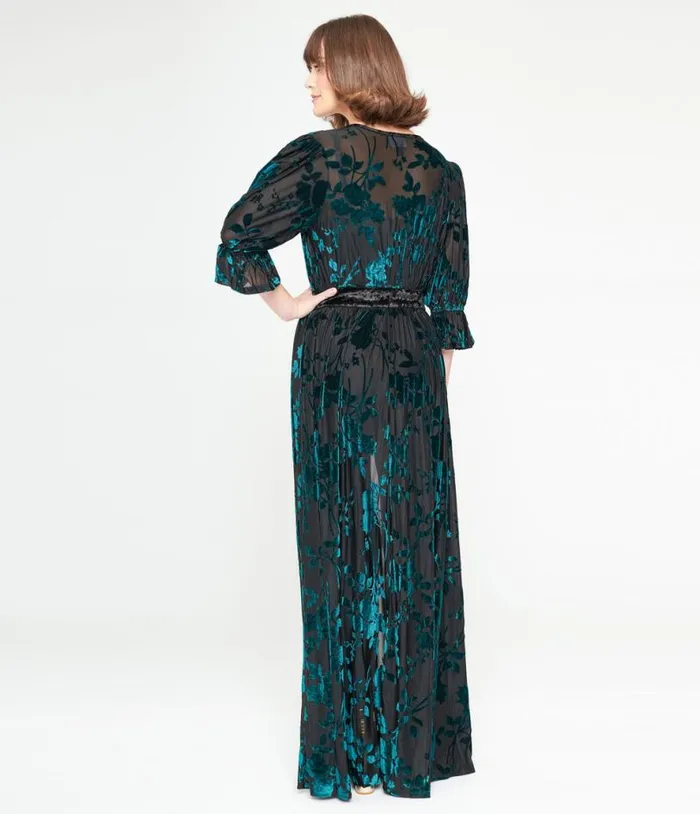 Black and Teal Floral Velvet Burnout Duster Dresses Unique Vintage Maxi