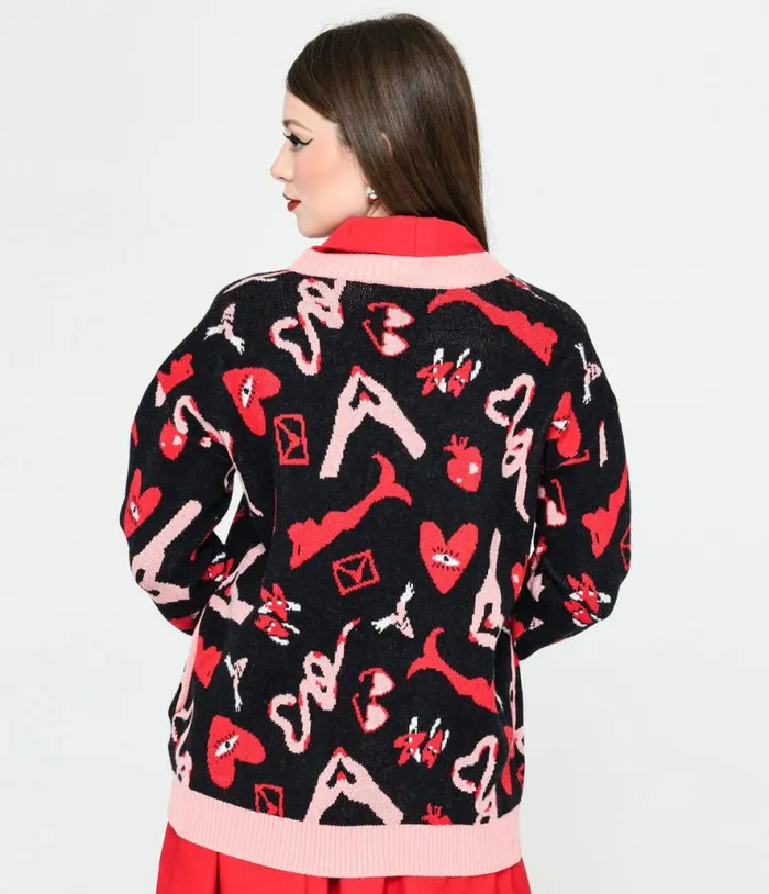 Black and Valentines Print Long Cardigan Clothing Unique Vintage Sweaters and Cardigans