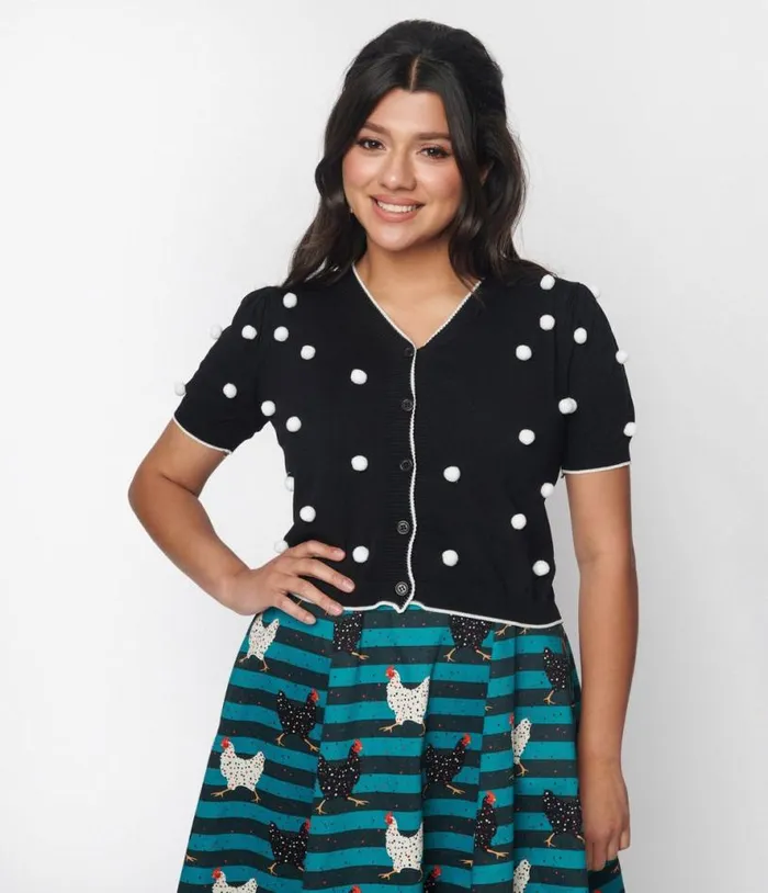 Black and White 3D Polka Dot Cropped Cardigan Clothing Unique Vintage Sweaters and Cardigans Black and White 3D Polka Dot Cropped Cardigan Clothing Unique Vintage Sweaters and Cardigans