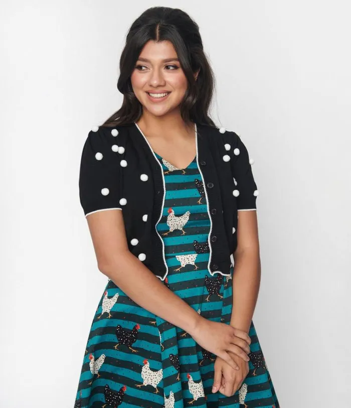 Black and White 3D Polka Dot Cropped Cardigan Clothing Unique Vintage Sweaters and Cardigans