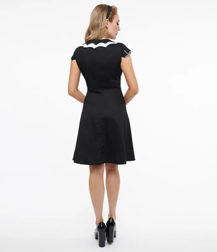Black and White Bat Babe Fit and Flare Dress DressesHalloween Unique Vintage Dresses