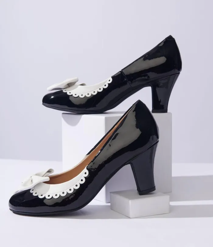 Black and White Bow Patent Pumps Shoes Unique Vintage Heels