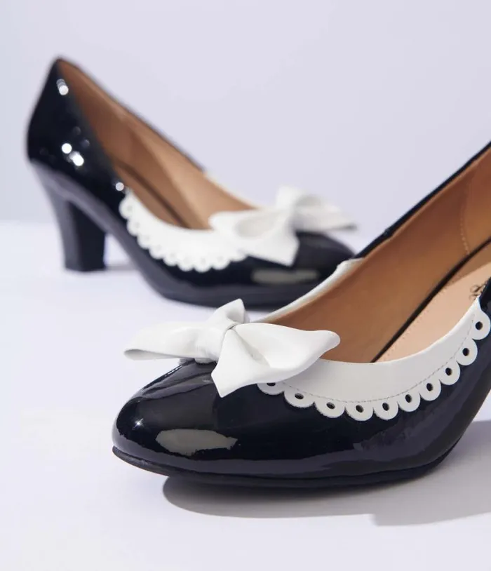 Black and White Bow Patent Pumps Shoes Unique Vintage Heels
