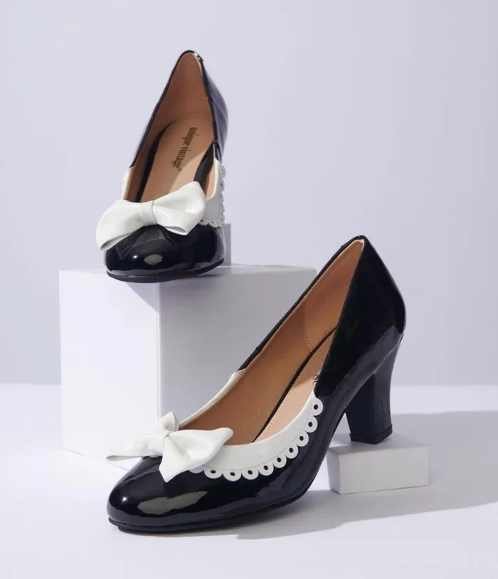 Black and White Bow Patent Pumps Shoes Unique Vintage Heels