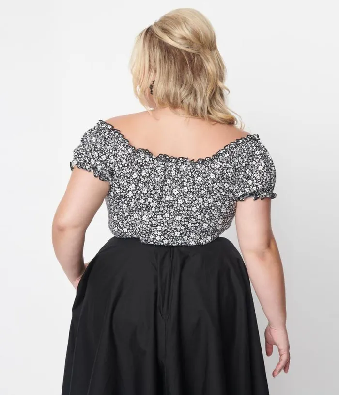 Black and White Ditsy Floral Print Knit Top ClothingPlus Unique Vintage Blouses