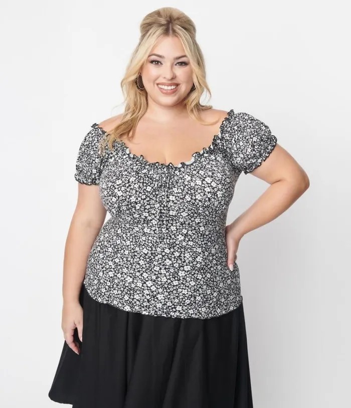 Black and White Ditsy Floral Print Knit Top ClothingPlus Unique Vintage Blouses