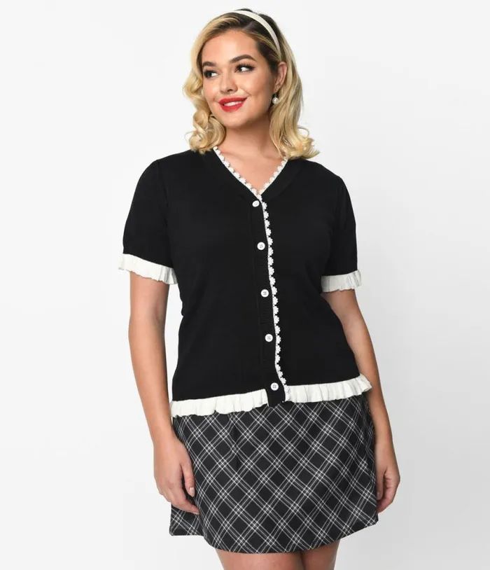 Black and White Frill Short Sleeve Cardigan Clothing Unique Vintage Sweaters and Cardigans Black and White Frill Short Sleeve Cardigan Clothing Unique Vintage Sweaters and Cardigans