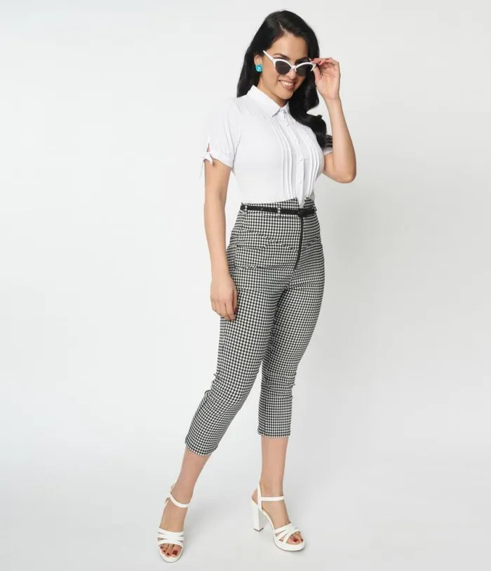 Black and White Gingham Yoke Waist Capris ClothingPlus Unique Vintage Pants Black and White Gingham Yoke Waist Capris ClothingPlus Unique Vintage Pants