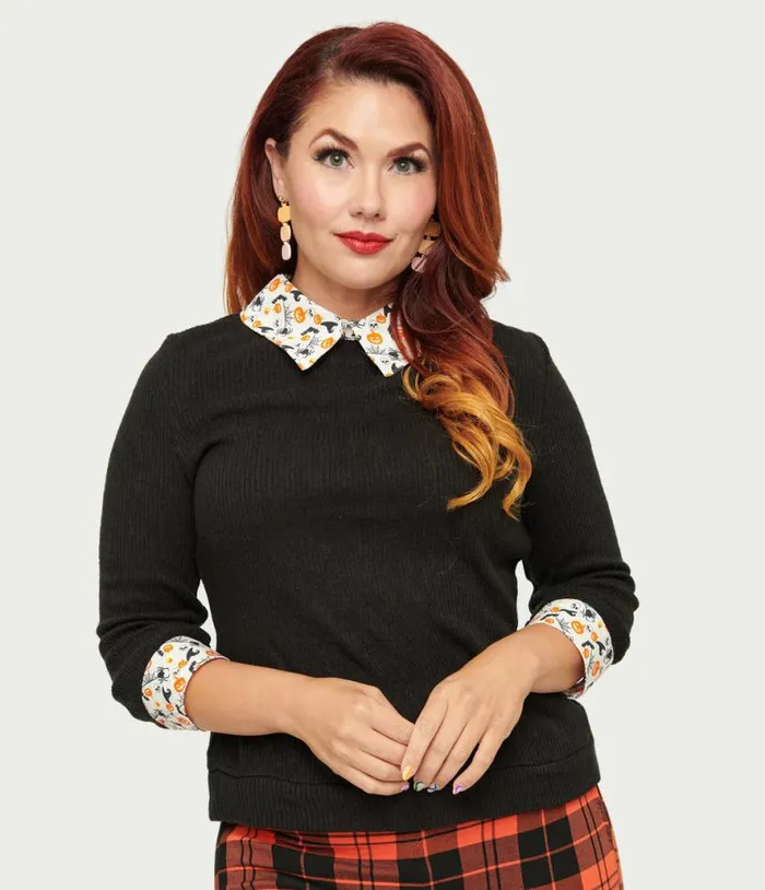 Black and White Halloween Print Contrast Sabrina Sweater ClothingHalloween Unique Vintage Sweaters and Cardigans